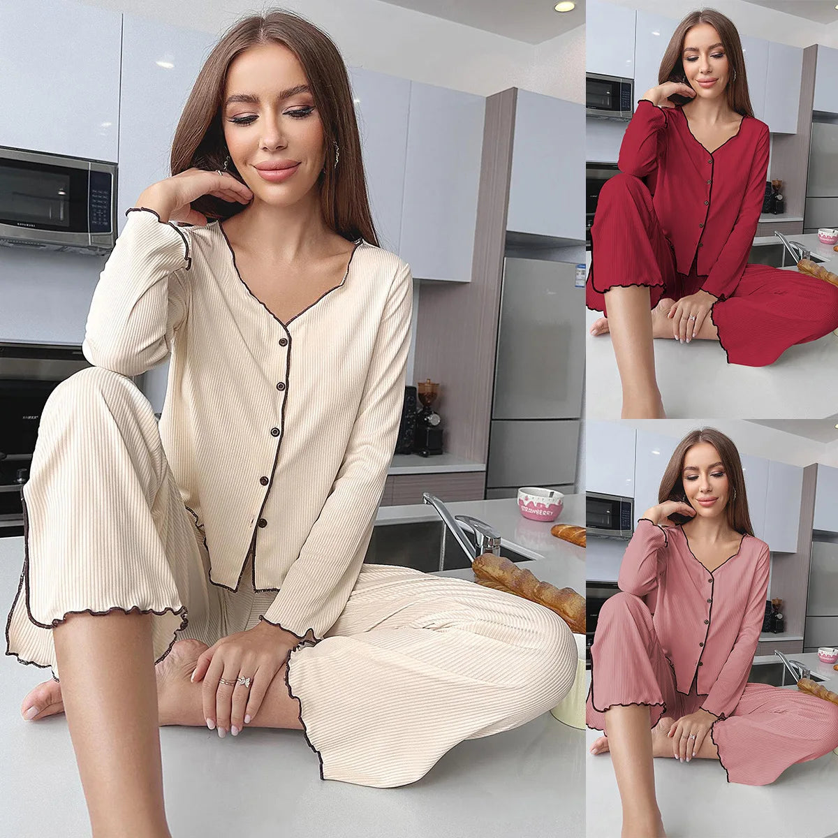 Pit Stripe Cardigan Long-sleeved Trousers Loungewear Set
