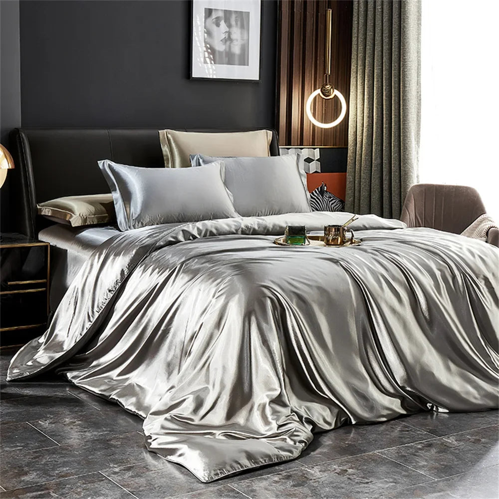 Luxury Silk Bedding Set with Duvet Cover Bed Sheet Pillowcases Satin