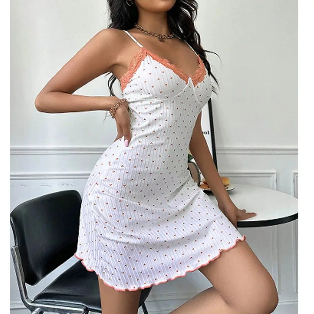 Sexy Slim Fit V-Neck Nightgown Heart Print Lace Trim Sleeveless Summer Nightdress