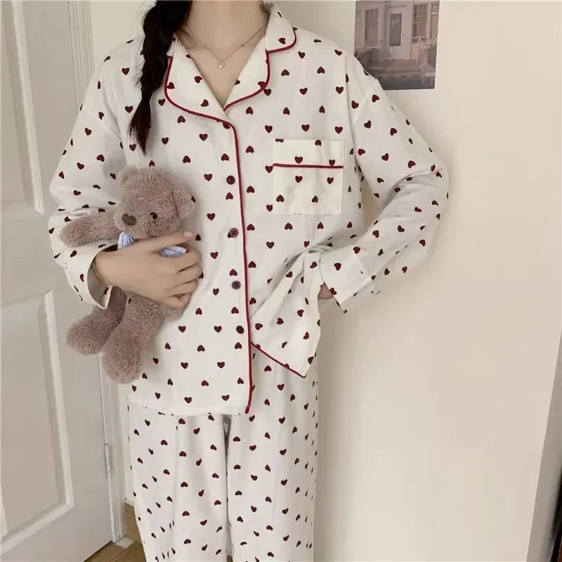 Cozy Heart Print Long Sleeve Pajama Set