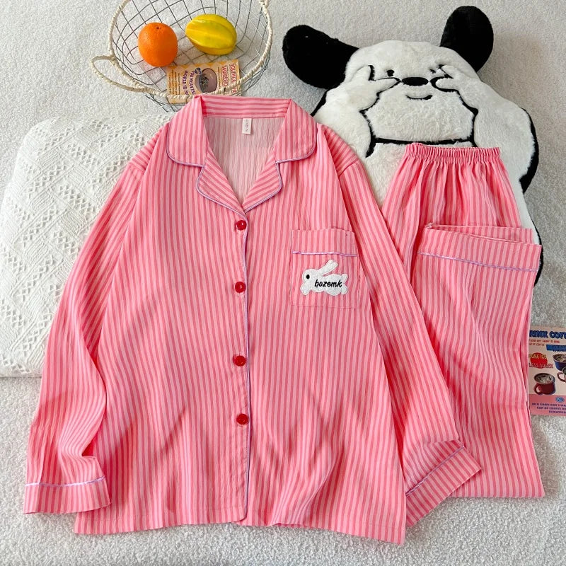 Embroidery Letter Striped Rabbit Print Long Sleepwear Two-piece Women's Pajamas