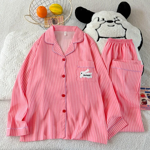 Embroidery Letter Striped Rabbit Print Long Sleepwear Two-piece Women's Pajamas