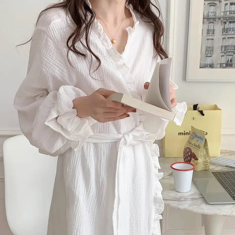 Girls Sweet Ruffled Simple Long-Sleeved Robe