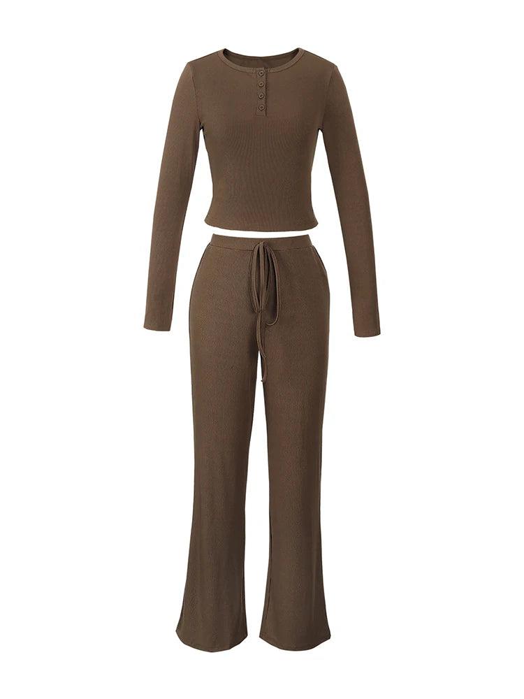 Women's Coffee Two-Piece Pajamas Set Long Sleeve Pullover Comfortable Shirt Drawstring Waist Cinching Pants Loungewear
