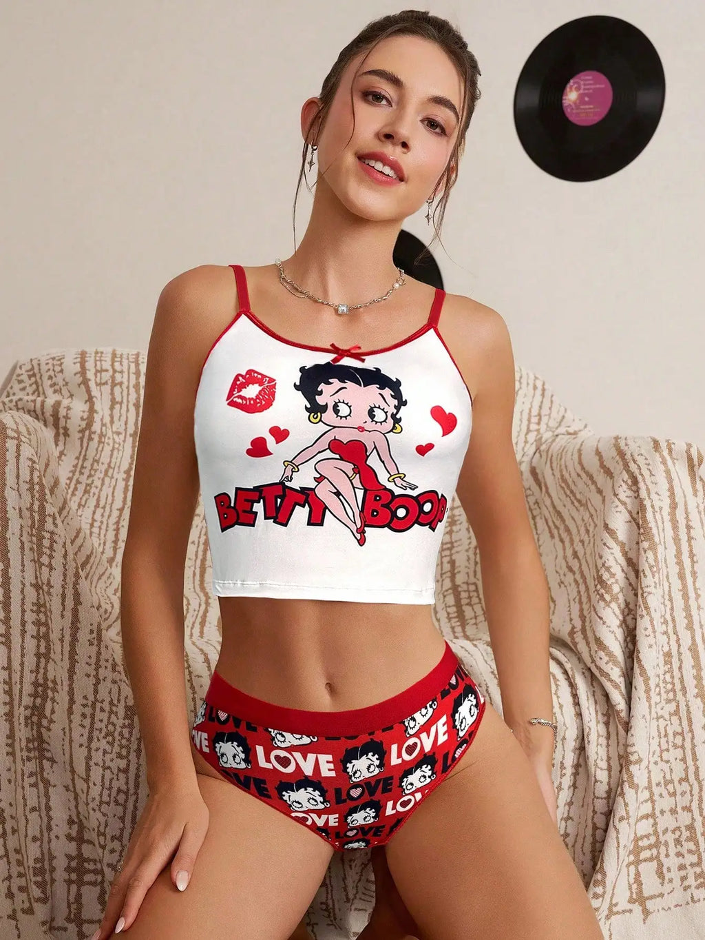 The Cartoon Betty Boo Print Crop Cami Top and Boy-shorts Set