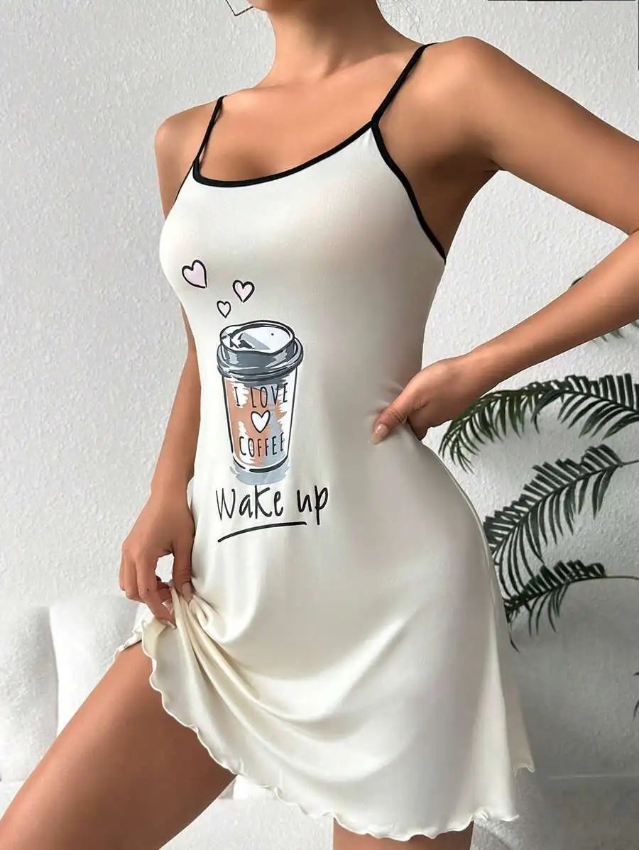 Lettuce Trim Coffee Letter Print Spaghetti Strap Mini Nightgown