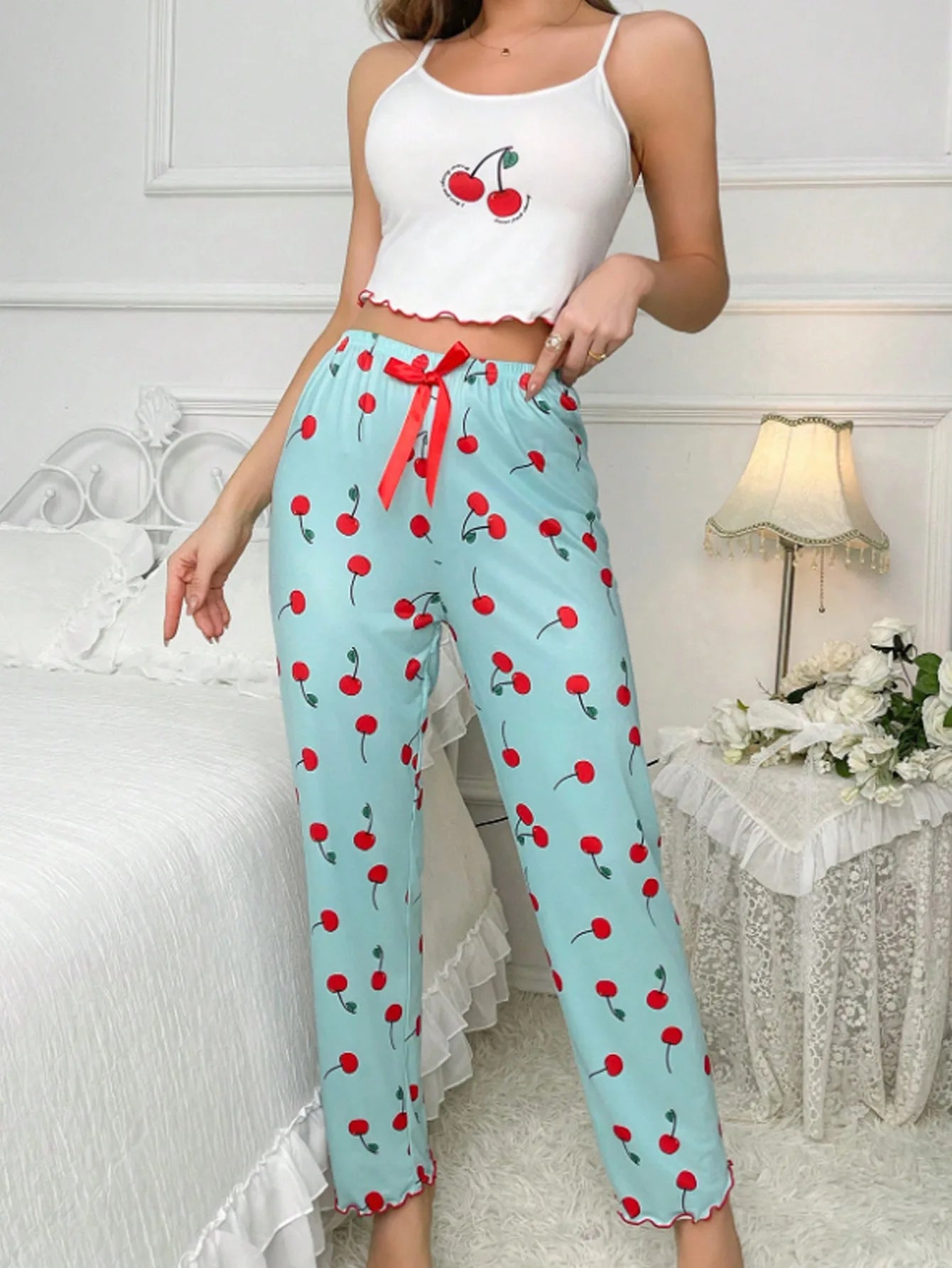 Y2K Coquette Cherry Print Pajama Cami Crop Top Pants Two Piece Loungewear
