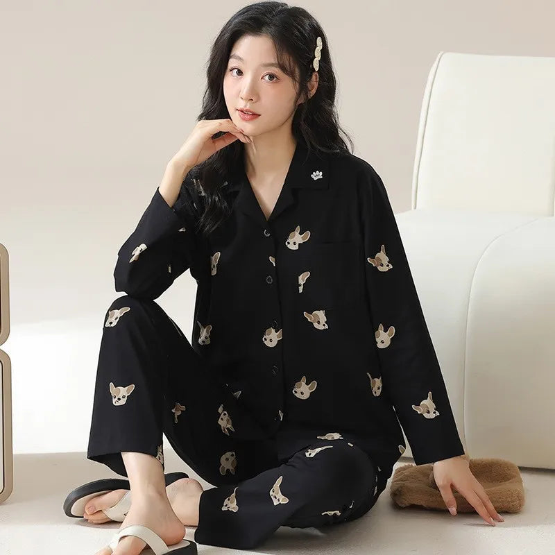 Women's Cardigan Long-sleeved Long Pants Cotton Comfortable Pajamas