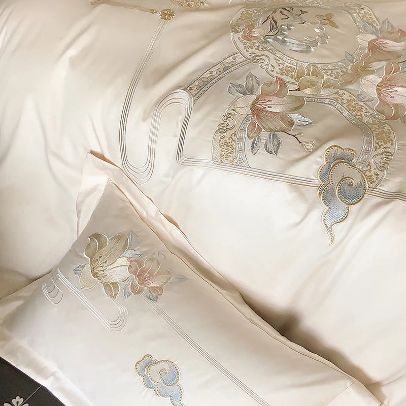 Flowers Bird Embroidery Luxury Bedding Set 1000TC Egyptian Cotton Duvet Cover Bed Sheet Pillowcases 4/5Pcs