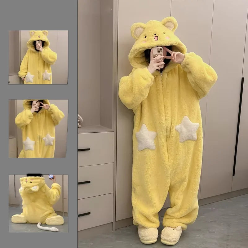 Star Patch Cute Jumpsuit Coral Fleece Pajamas
