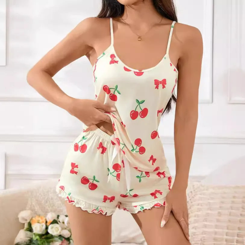 Soft Casual Cherry Print Cami Top and Ruffle Shorts Set