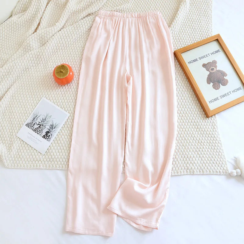 Loose Thin Solid Color Silk Satin Sleep Bottoms