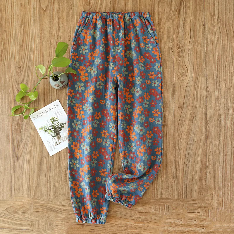 Jacquard Cute and Fresh Flower Pants 100% Cotton Loose Closing Home Pants