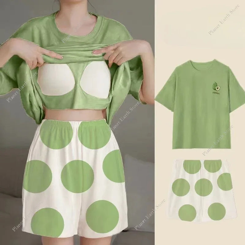 Pajama 2Pcs/Sets Short Tops and Shorts with Chest Pad