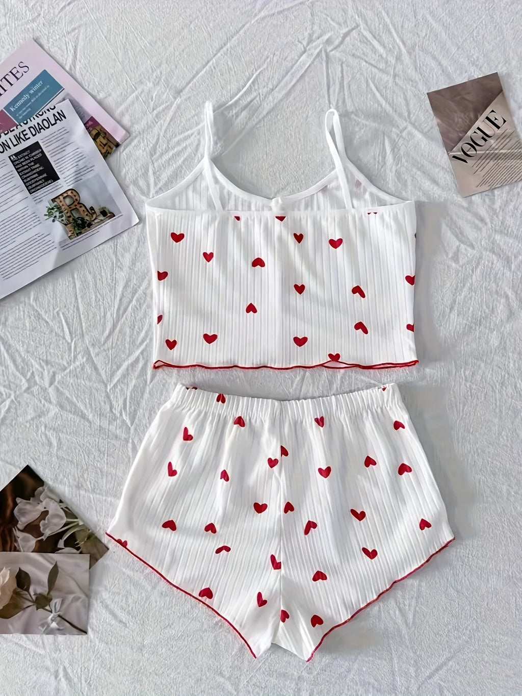 Backless Heart Print Sexy Ribbed Bow Decor Round Neck Cami Top & Shorts Pajama Set