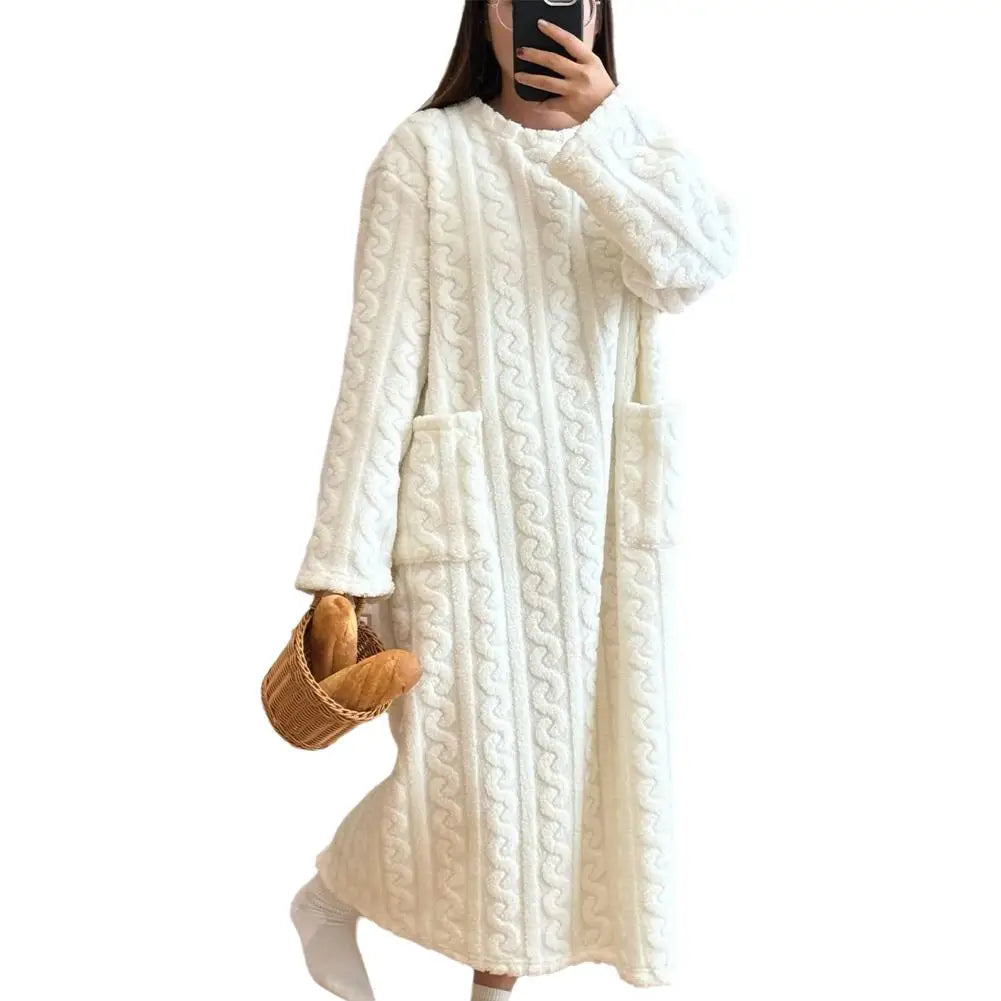 Velvet Women's Long Sleeve Double Pocket Flannel Loose Solid Sleepwear