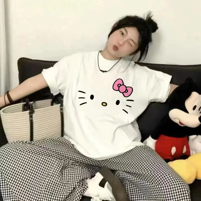 Hello Kitty Cartoon Loose Cute Round Neck Casual Cotton Short Sleeved T-shirt