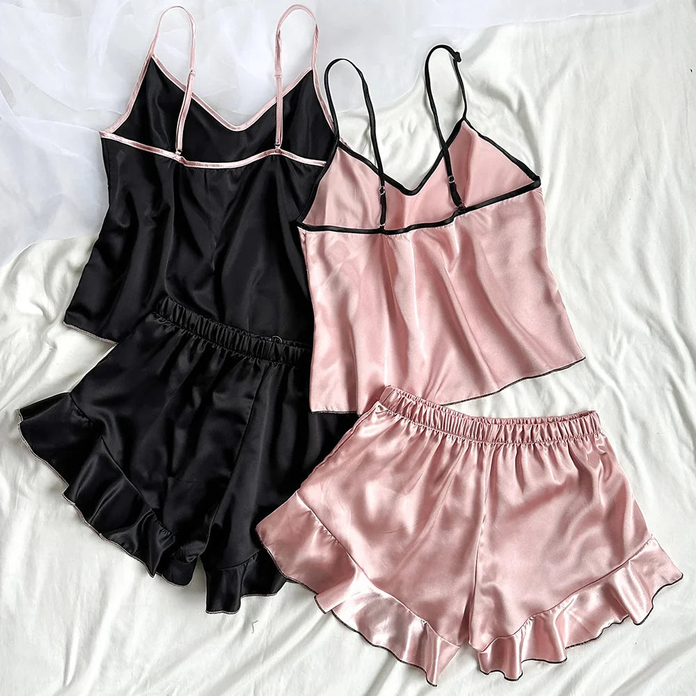 Smooth Satin Pajamas V-Neck T-Shirt Ruffled Edges And Bow Shorts Pajama Set