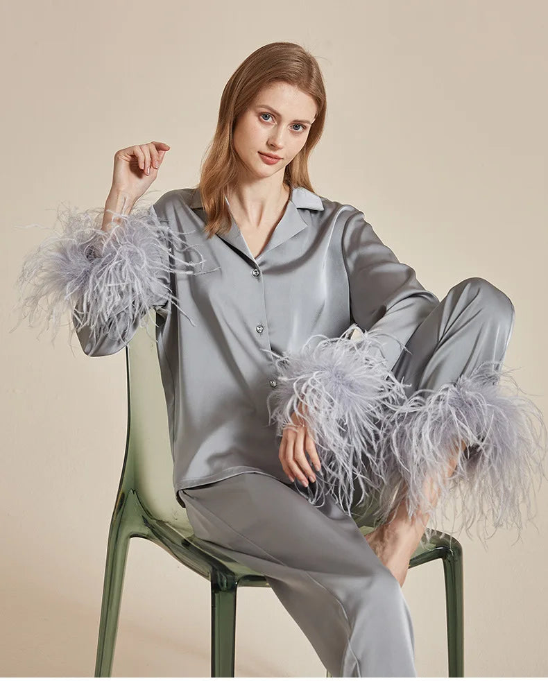 Luxury Feathers 2Pcs Silk Satin Long Sleeve Trouser Elegant Home Wear