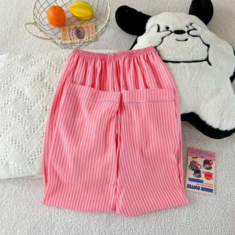 Embroidery Letter Striped Rabbit Print Long Sleepwear Two-piece Women's Pajamas