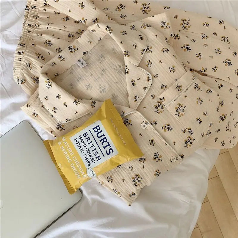 Long-Sleeved Rustic Style Floral Imitation Cotton Wrinkled Cloth Loose Pajamas