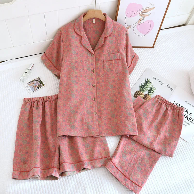 Short Sleeve Gauze Cotton Pyjamas Summer New Three-pieces Floral Nightwear