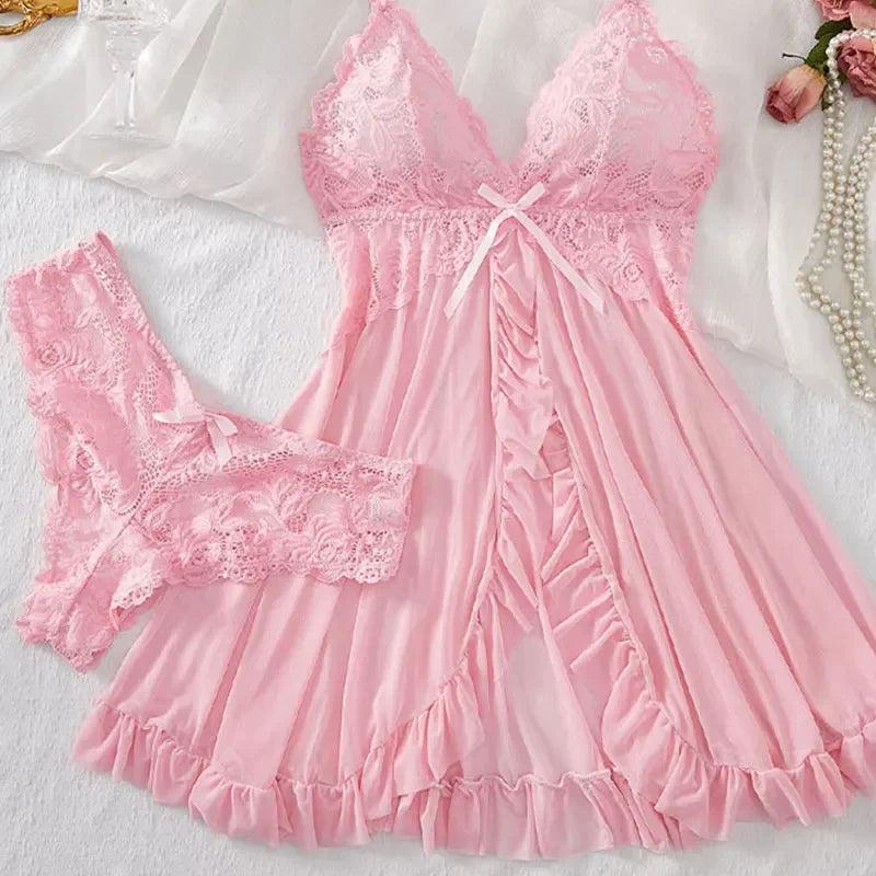 Ultra-thin Nightgown Lace Thong Sets Women's Sexy Pyjamas Lingerie