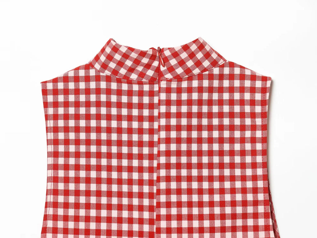 Vintage Red White Plaid 2-Piece Set Collar Zipper Sleeveless Vest+Side Slim Pant