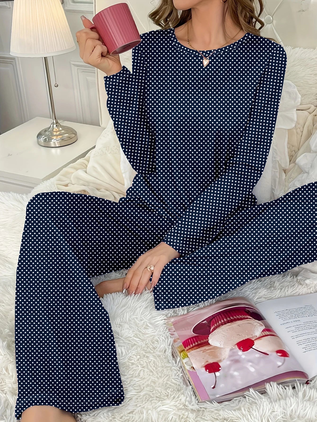 Polka Dot 2-Piece Print Long-Sleeved Women's Pajamas Set