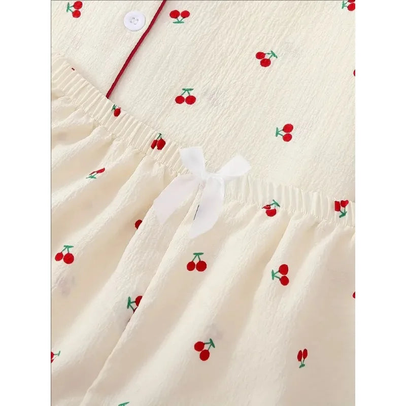 Cherry Print Cardigan Loungewear Short Sleeve Shorts