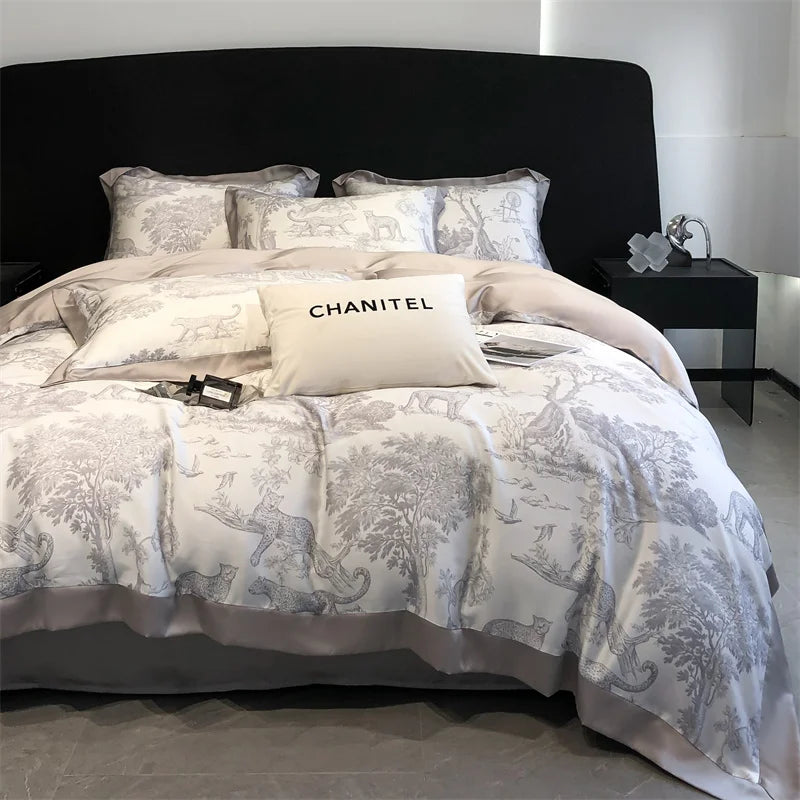 Soft Silky Skin-friendly Natural Eucalyptus Fiber Lyocell Bedding Set Forest Plants Leopard Duvet Cover Set Bed Sheet Pillowcases