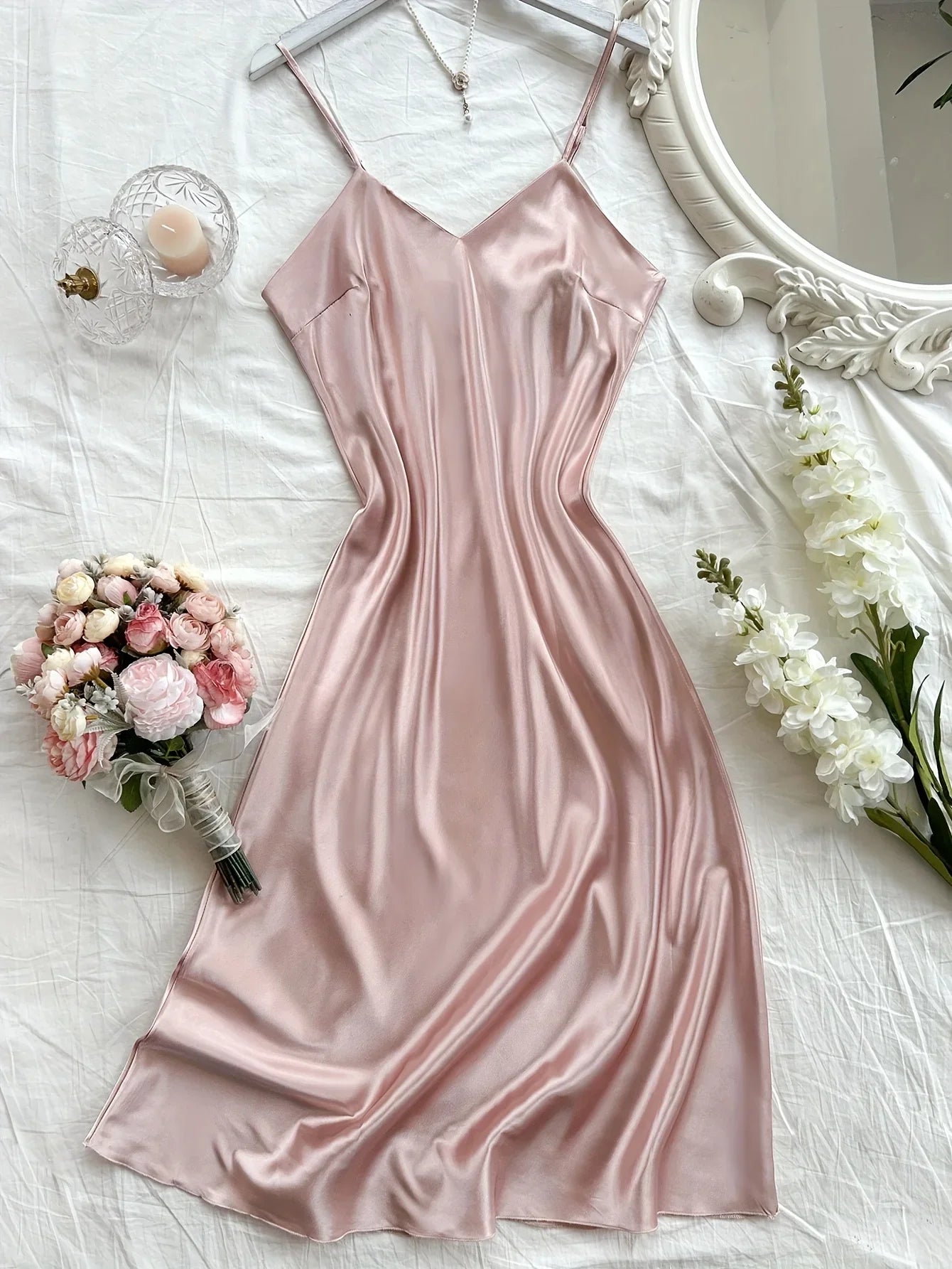 Elegant Satin Sexy Long Slip Solid Color Nightdress