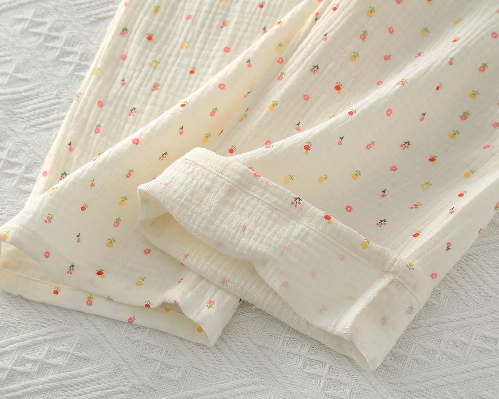 Pure Cotton Three-piece Thin Crepe Fabric Collar Short Sleeved Pants Shorts Set