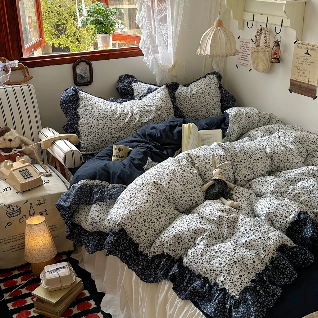 Vintage Flowers Lace Ruffles Duvet Cover Set Pillowcase For Home Bedroom Decor