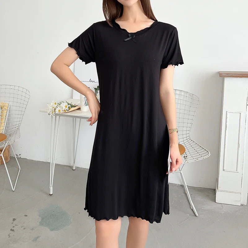 Loose Modal Short Sleeve Home Skirt A-Line Skirt Comfortable V-Neck Dress