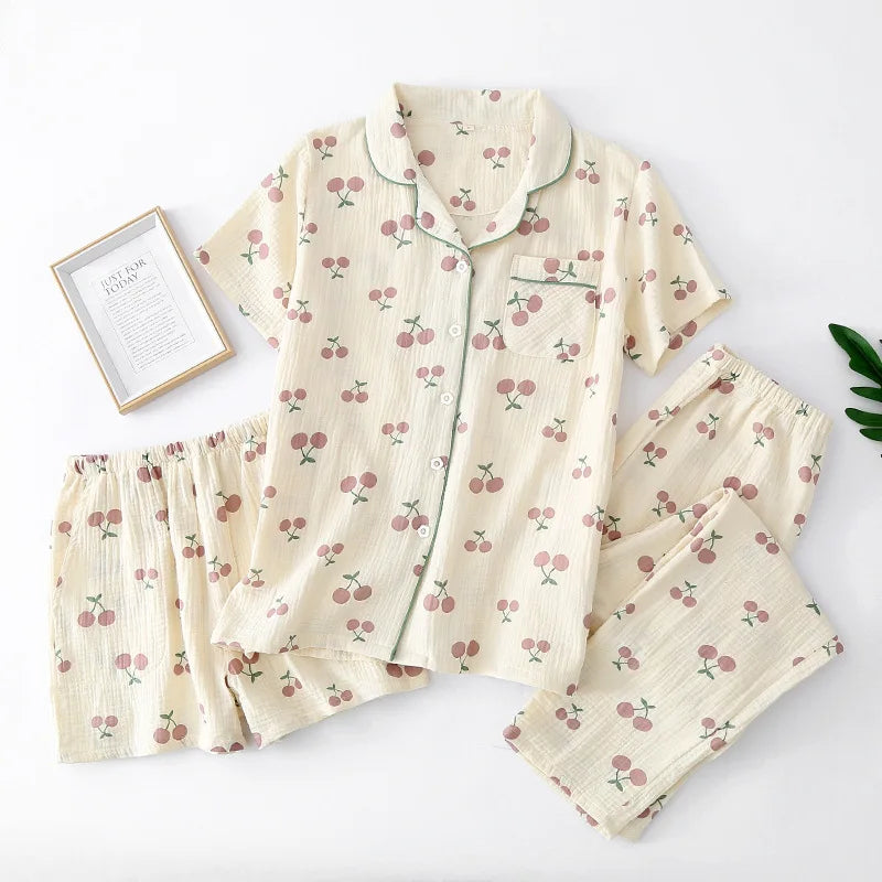 Pure Cotton Three-piece Thin Crepe Fabric Collar Short Sleeved Pants Shorts Set
