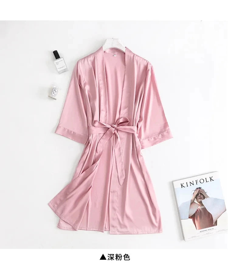 Ladies Bride- style Morning 3/4 Sleeve Loose Female Silk Satin Kimono Lingerie Gown