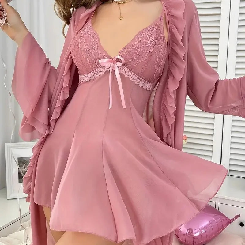 Sexy Lingerie with Suspenders Sheer Transparent Nightgown and Lace Trim
