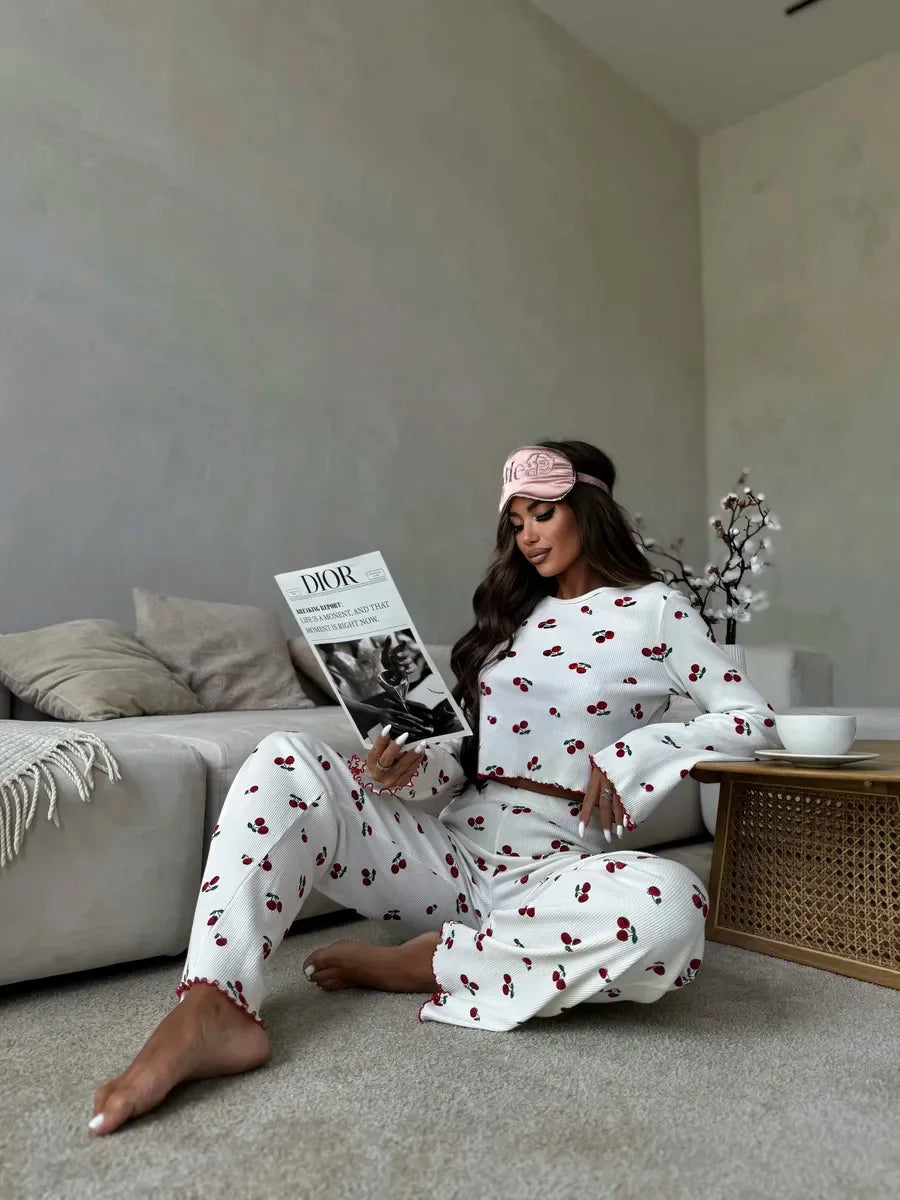 Y2K-Style Two-piece Cherry/Heart Print Cuffed-Long-Sleeve Tops and Long Trousers