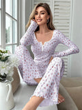 Floral Print Lettuce Trim Top with Long Pants