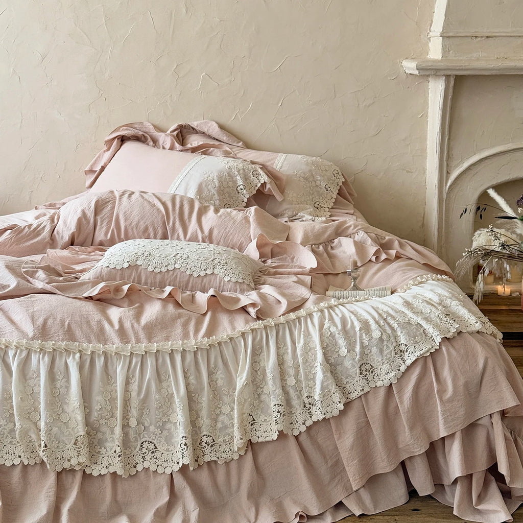 Romantic French Double Layer Lace Ruffles Bedding Set 20% Ramie, 80% Cotton Duvet Cover Set Quilted Bedspread Pillowcases