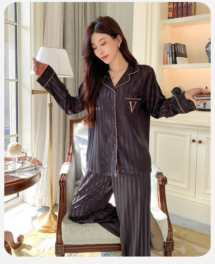 Women's Silk Pajama Set Long Sleeve Long Pants Lightweight Sleepwear for Comfortable Homewear Pj Set