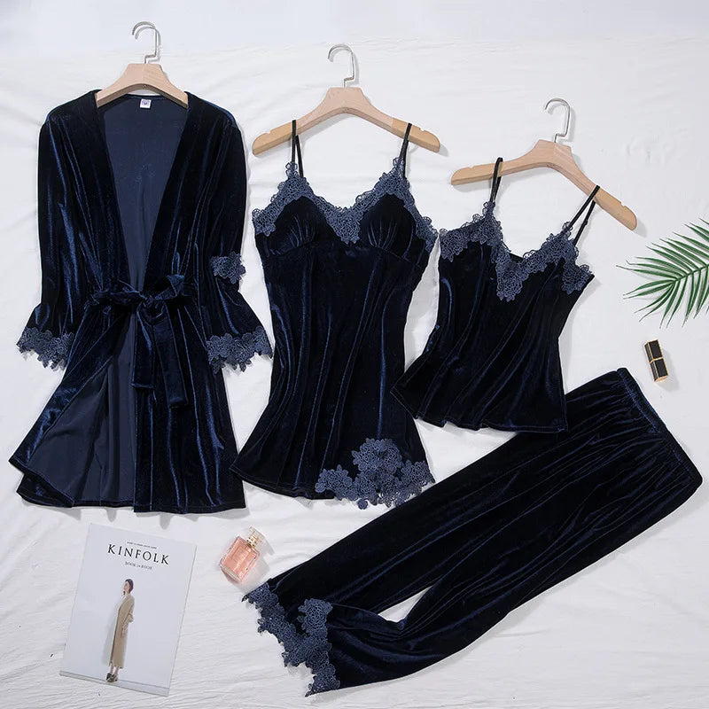 Velvet Lace Long Sleeve Set with Chest Pad Strap Four-piece