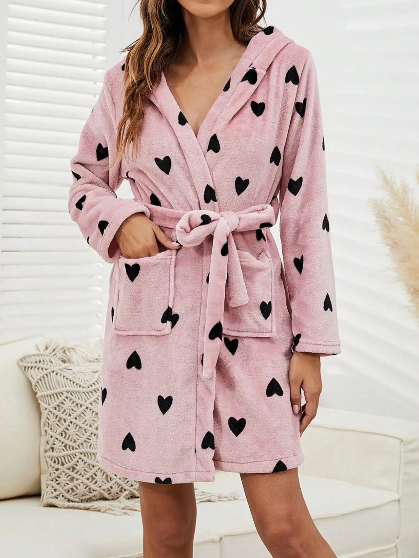 Love Print Flannel Thick Robe with Double-sided Fleece Long-sleeved