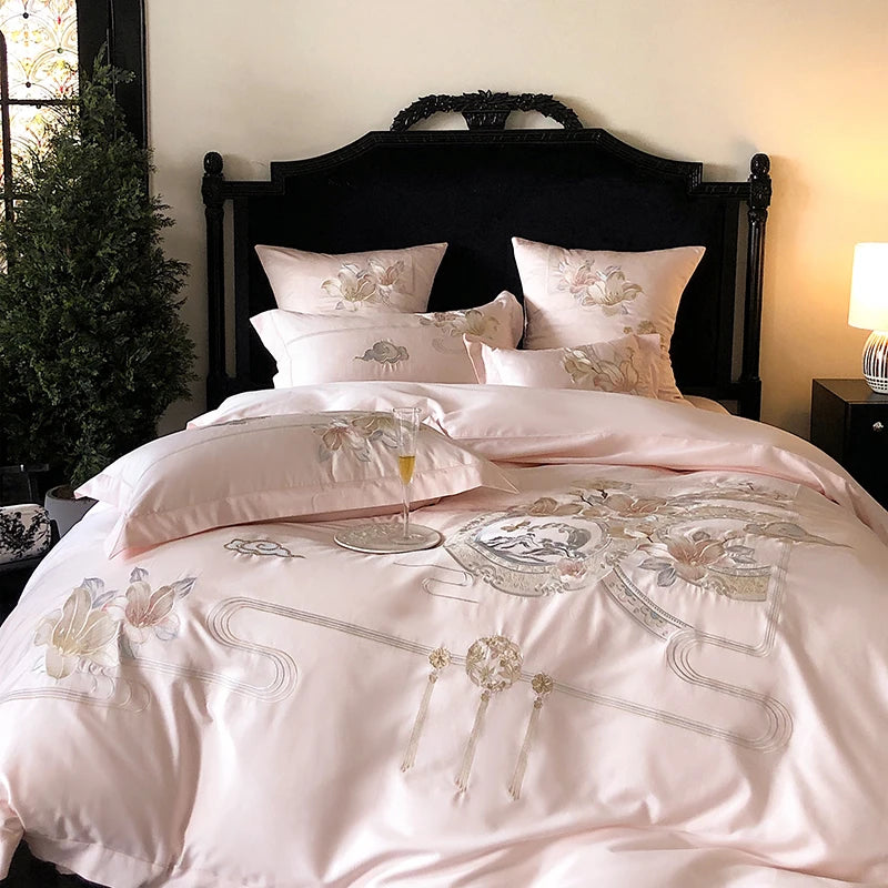 Flowers Bird Embroidery Luxury Bedding Set 1000TC Egyptian Cotton Duvet Cover Bed Sheet Pillowcases 4/5Pcs