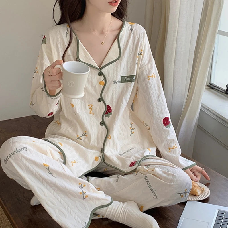 Long Sleeve Cardigan Style Jacquard Blueberry Strawberry Orange Breathable Stretch Women's Pajamas
