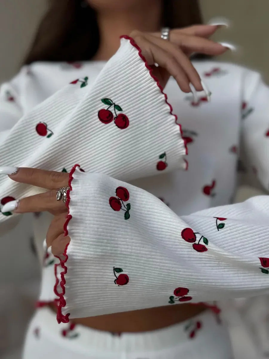 Y2K-Style Two-piece Cherry/Heart Print Cuffed-Long-Sleeve Tops and Long Trousers