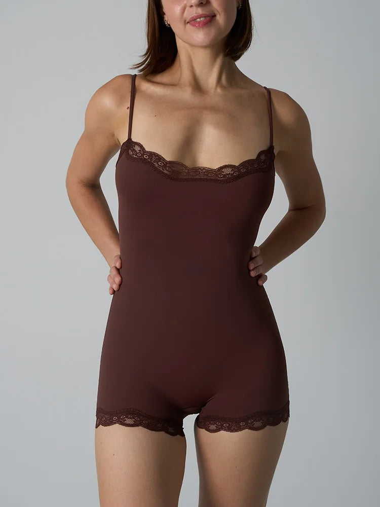 Sexy Lace Patchwork Camisole Square Neck Spaghetti Strap Onesie