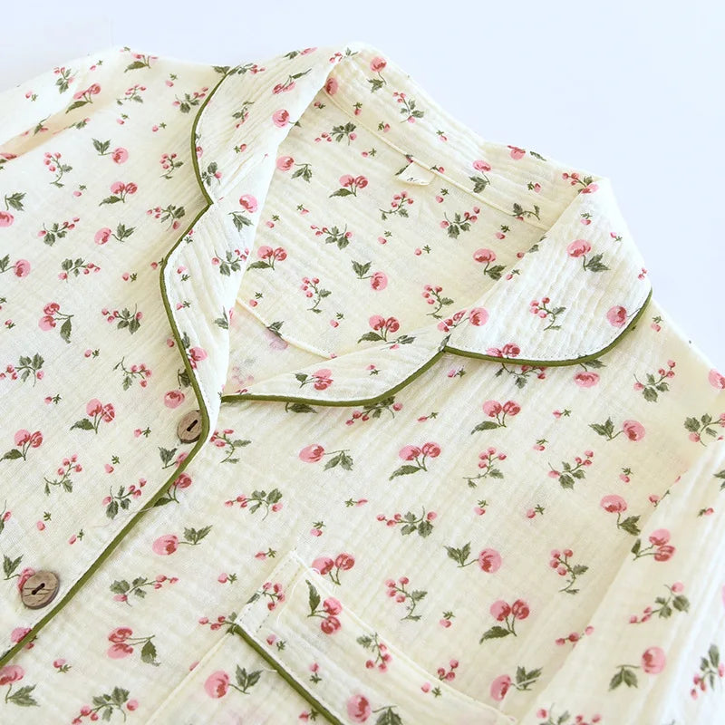Ladies 100% Cotton Crepe Long sleeved Pants Two-piece Cute and Sweet Set