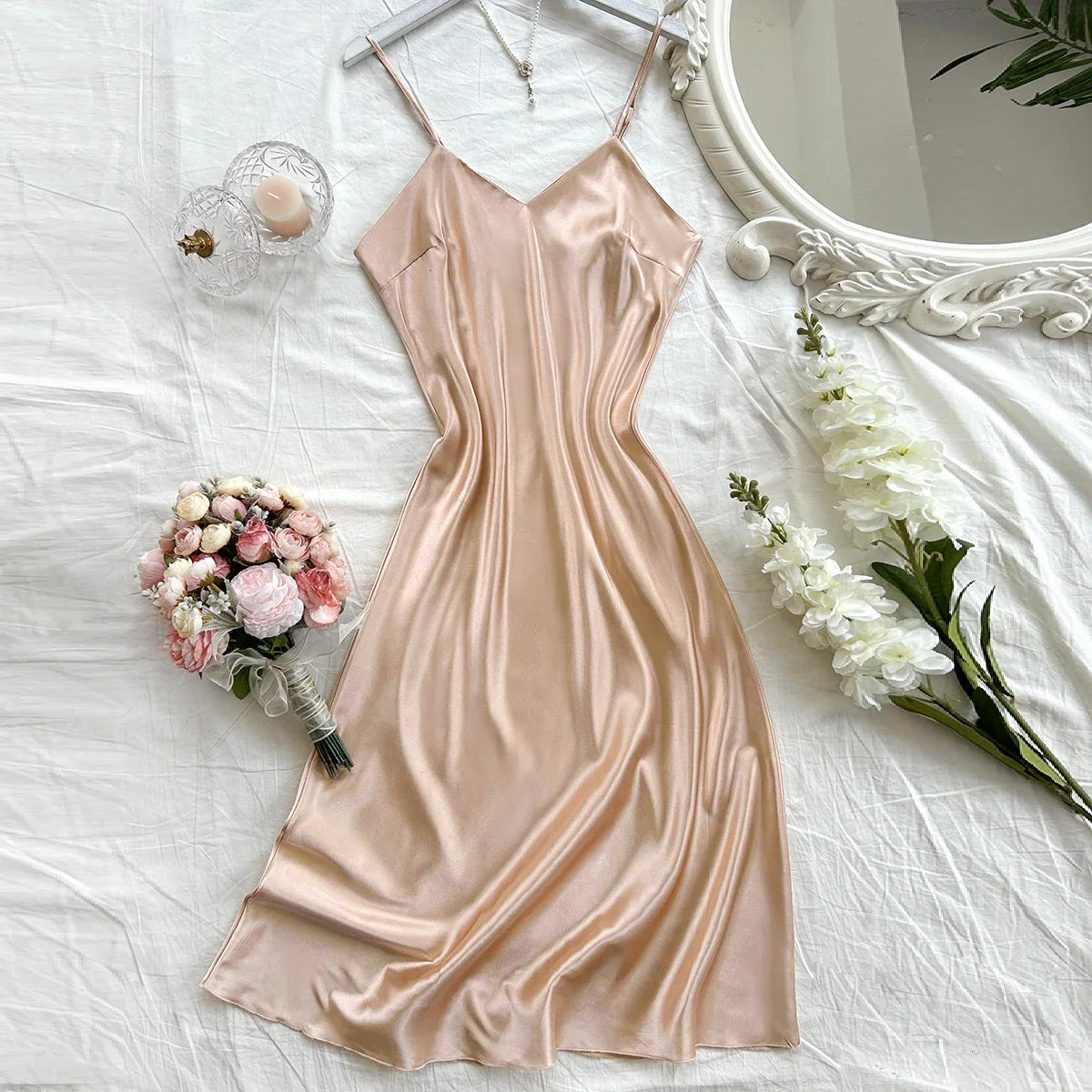Elegant Satin Sexy Long Slip Solid Color Nightdress